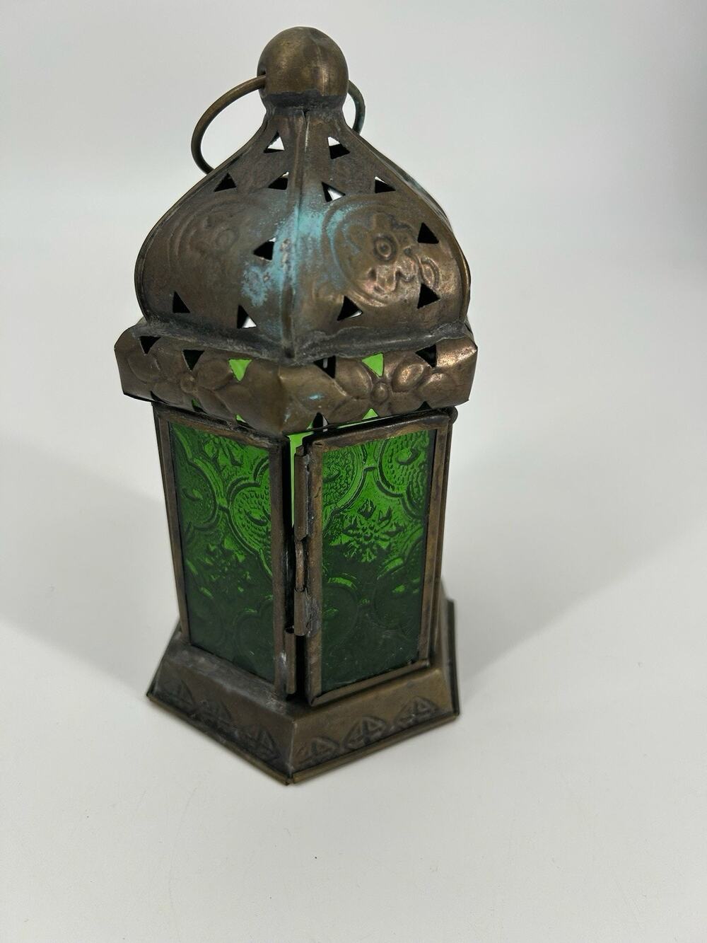 Moroccan Brown Metal Glass Lantern Embossed Floral Hanging LED Tealight Candle